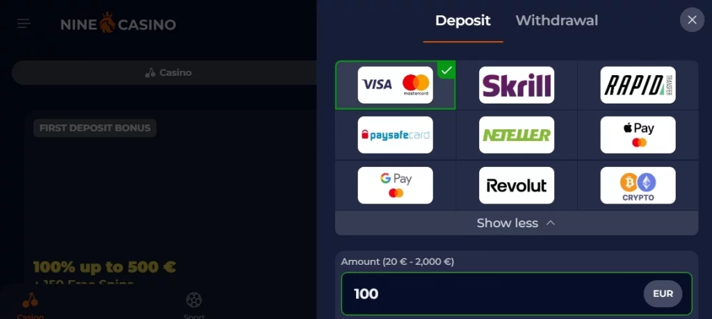 NineCasino Bank og Uttak